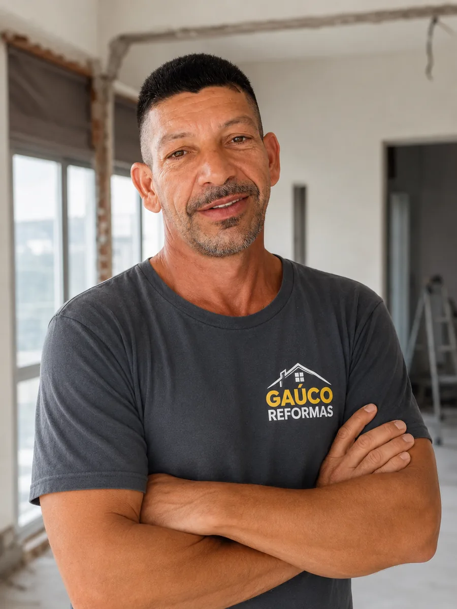 Gaúcho, responsável pela Gaúcho Reformas, em um apartamento em obra na Grande Florianópolis